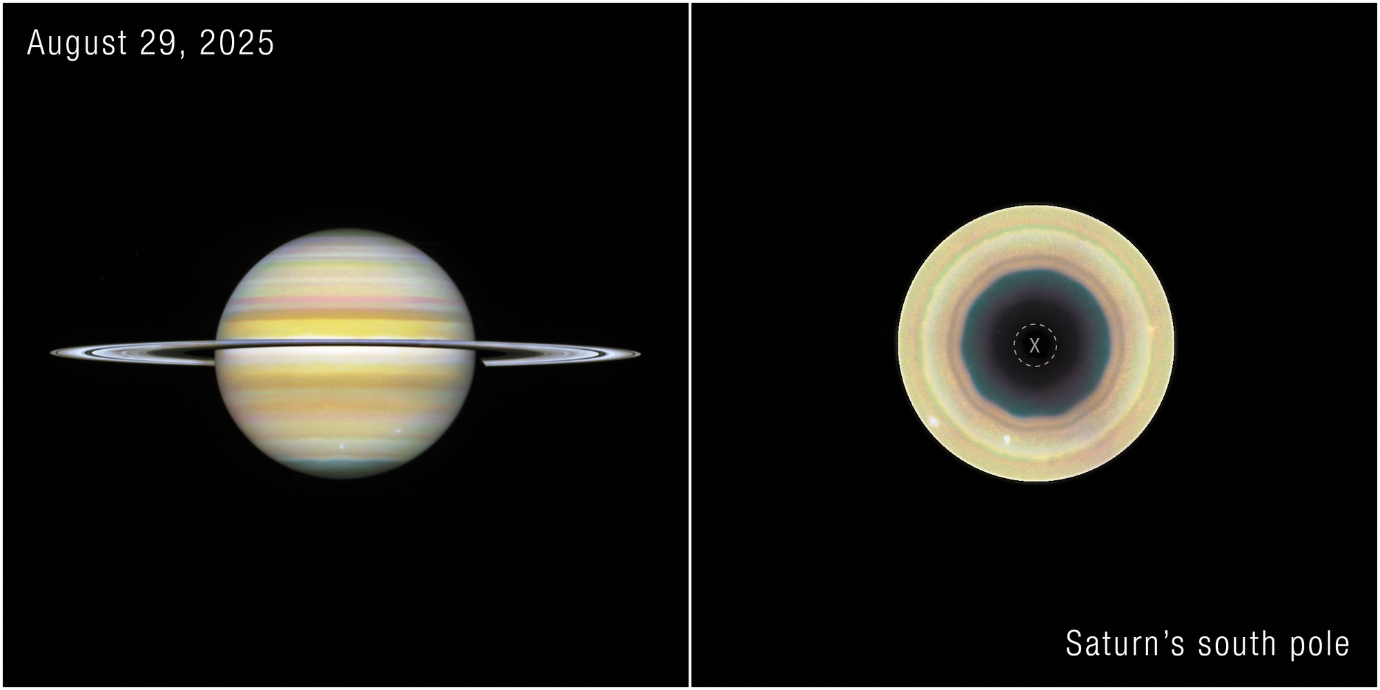 Hubble-Aufnahme des Saturn mit Darstellung der zehneckigen Wellenstruktur über dem Südpol