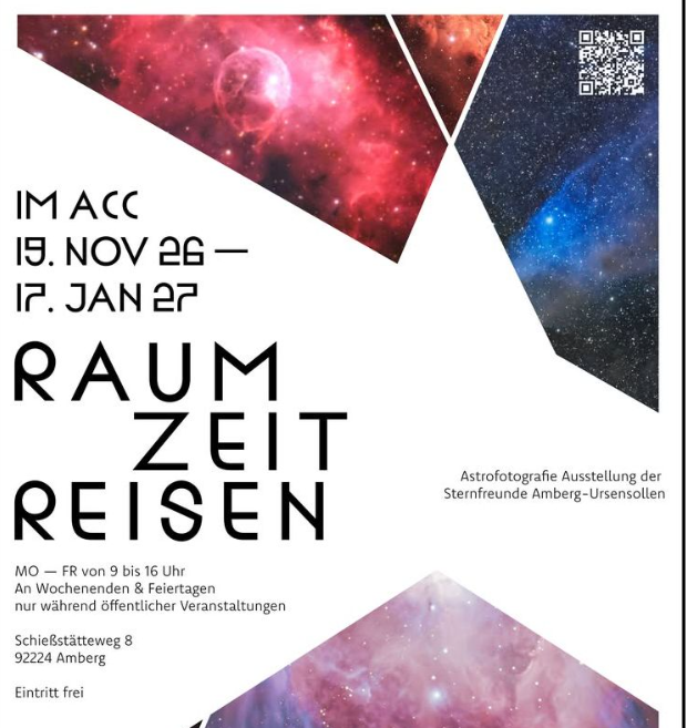 Ausstellungsplakat RAUM ZEIT REISEN der Sternfreunde Amberg-Ursensollen im ACC Amberg, 19. November 2026 bis 17. Januar 2027.
